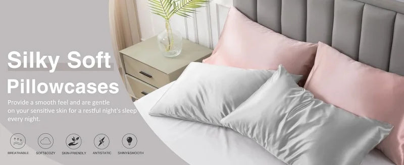 Pack of 2 Pillowcases Solid Color Soft Satin Pillowcase With Envelope Zipper Pure Emulation Satin Pillow Case