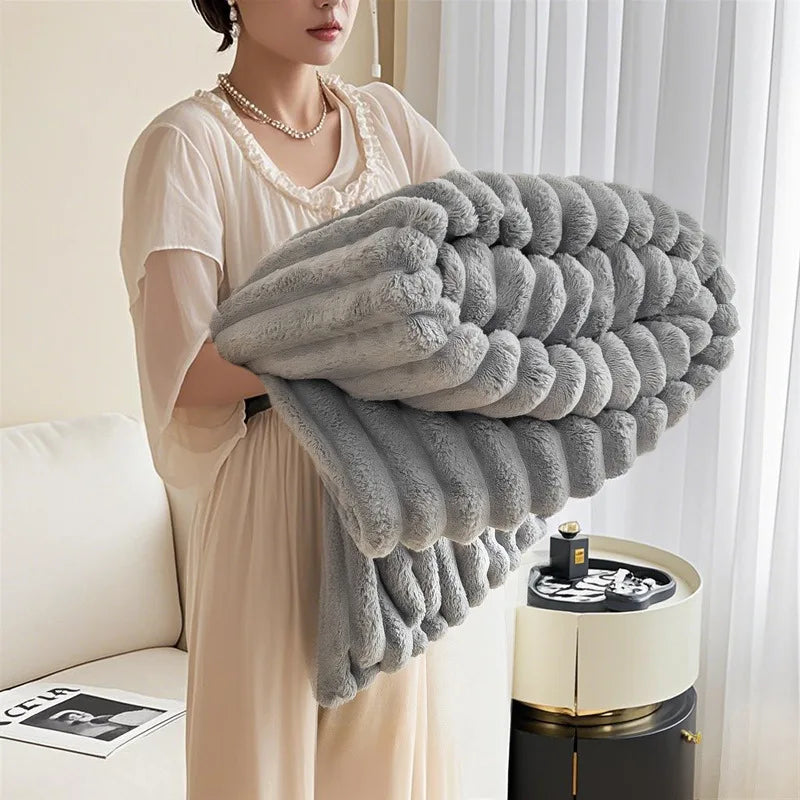 Cozy Mink Fleece Blanket Nordic Design Four Seasons Warm Flannel Solid Color Office Throw