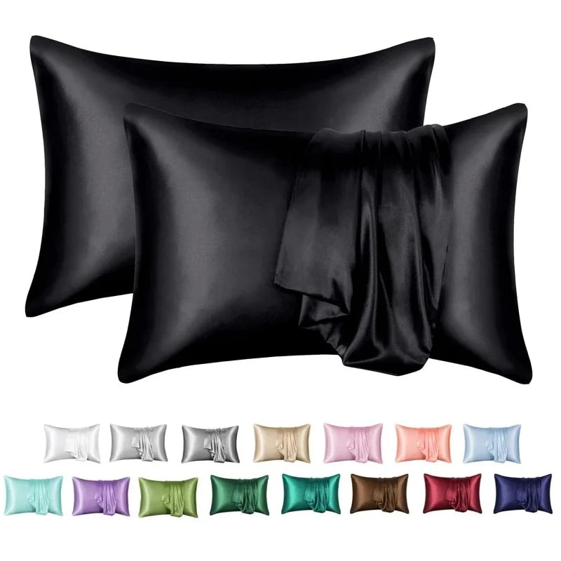 Pack of 2 Pillowcases Solid Color Soft Satin Pillowcase With Envelope Zipper Pure Emulation Satin Pillow Case