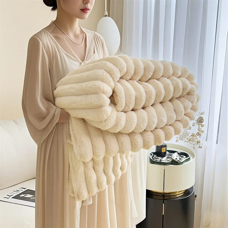 Cozy Mink Fleece Blanket Nordic Design Four Seasons Warm Flannel Solid Color Office Throw