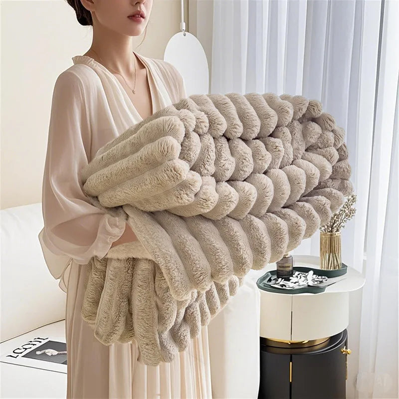 Cozy Mink Fleece Blanket Nordic Design Four Seasons Warm Flannel Solid Color Office Throw