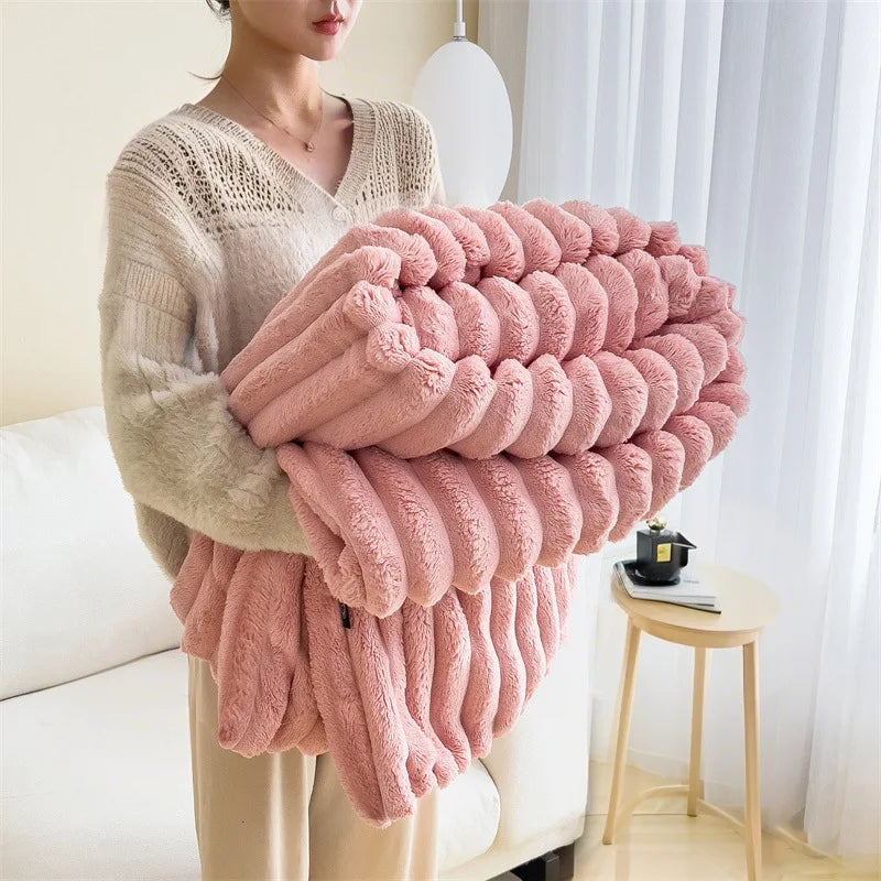 Cozy Mink Fleece Blanket Nordic Design Four Seasons Warm Flannel Solid Color Office Throw