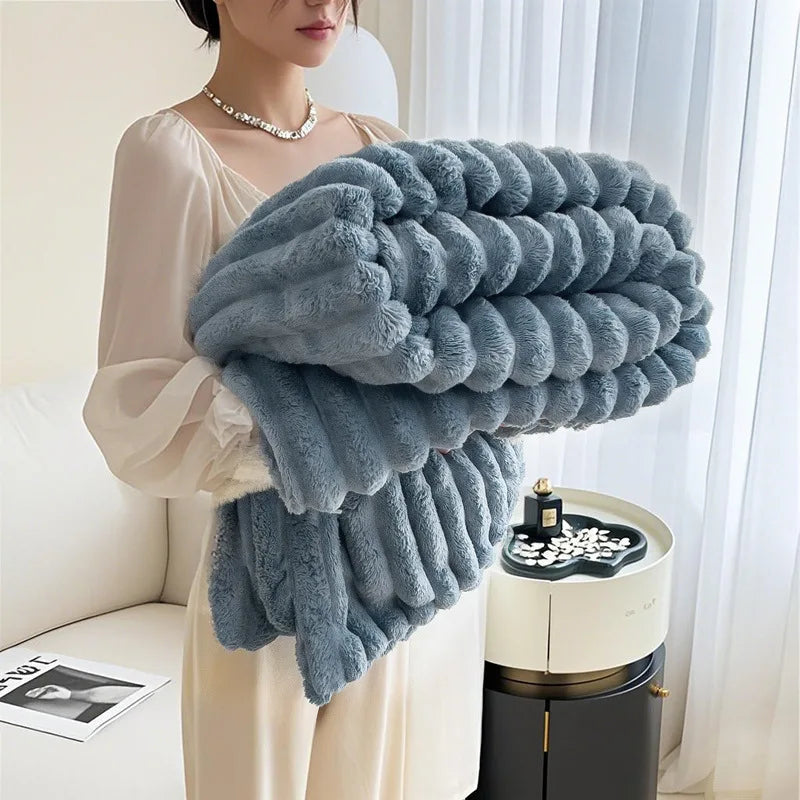 Cozy Mink Fleece Blanket Nordic Design Four Seasons Warm Flannel Solid Color Office Throw