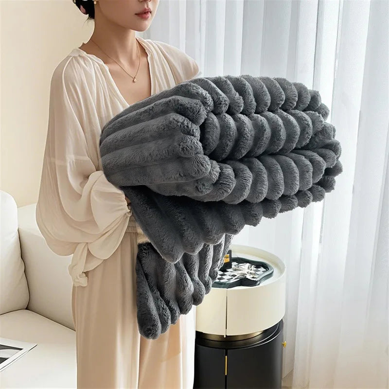 Cozy Mink Fleece Blanket Nordic Design Four Seasons Warm Flannel Solid Color Office Throw
