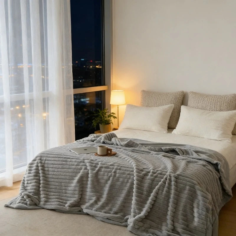 Cozy Mink Fleece Blanket Nordic Design Four Seasons Warm Flannel Solid Color Office Throw