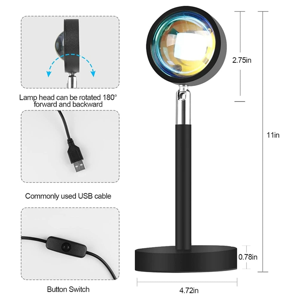 AUAU-Sunset Lamp Projector, 180 Degree Rotation Sunset Projection Light Led Night Light Floor Lamp With USB Port